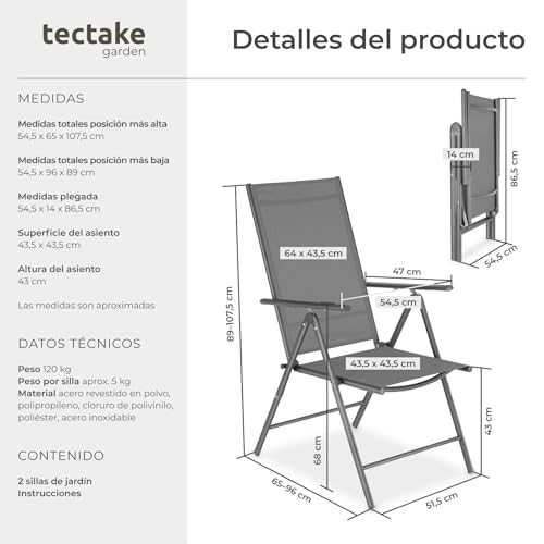 Detalle de tectake Conjunto de 2 Sillas de Jardín Exterior de Aluminio con Respaldo Regulable – Antracita/Gris