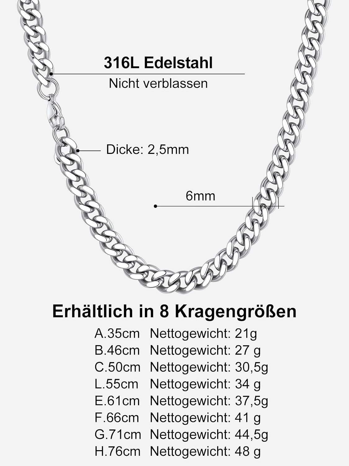 Thumbnail 3 de Richsteel Herren-Halskette klassische kubanische Panzerkette (316L Edelstahl) 3/6/9/12 mm, Länge 36–76 cm