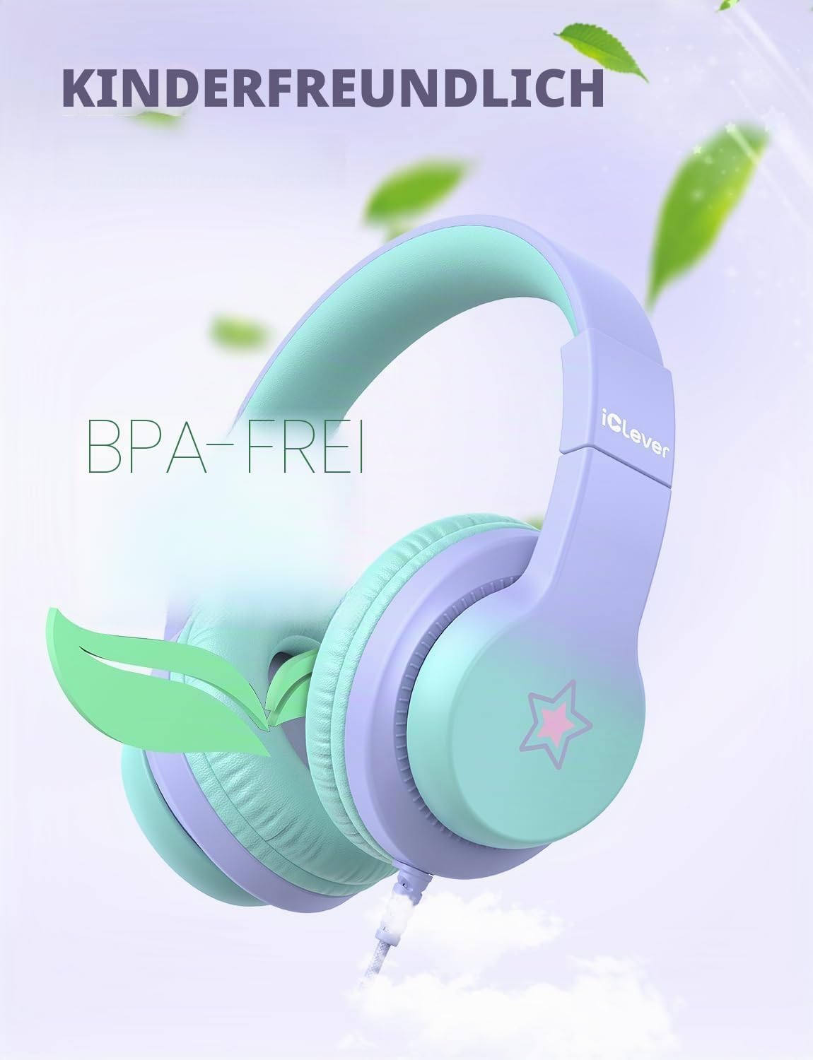 Detalle de iClever Kinder Kopfhörer HS19S mit Kabel – sichere Lautstärke bis 85 dBA, Over-Ear & klappbar (3,5-mm)