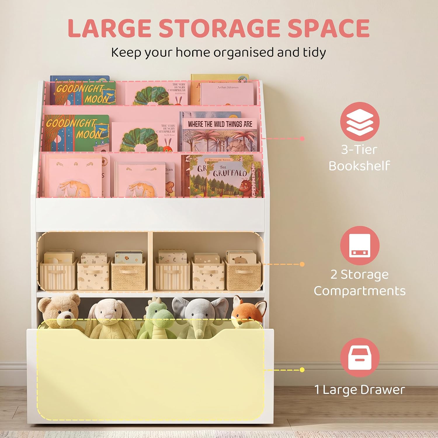 Thumbnail 3 de HOMCOM Kids Bookshelf with Moveable Drawer – Montessori-Inspired White Bookcase on Wheels