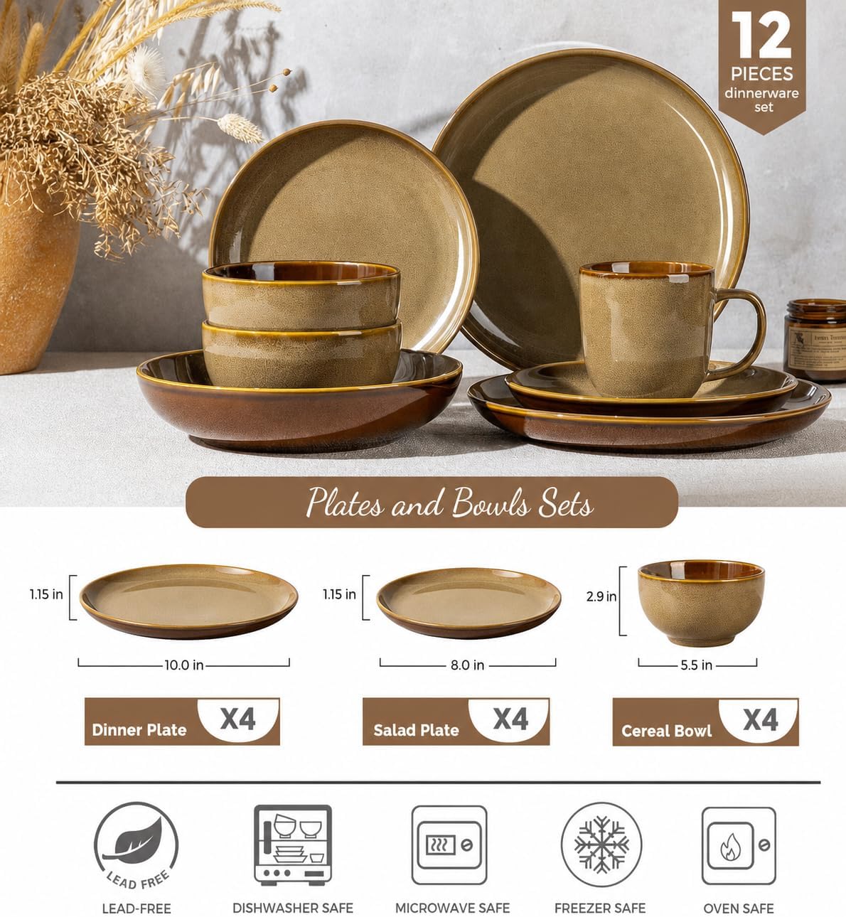Detalle 2 de LERATIO 12-Piece Ceramic Dinnerware Set for 4 – Chestnut