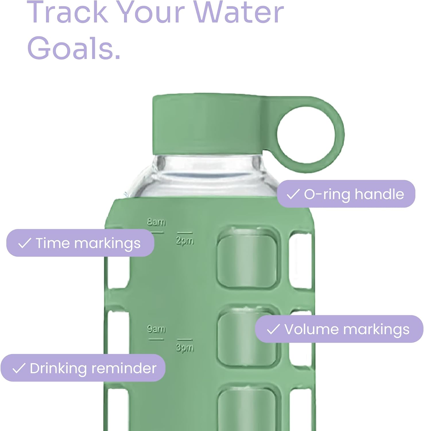 Thumbnail 2 de purifyou 32oz Shale Green Borosilicate Glass Water Bottle with Time & Volume Markers