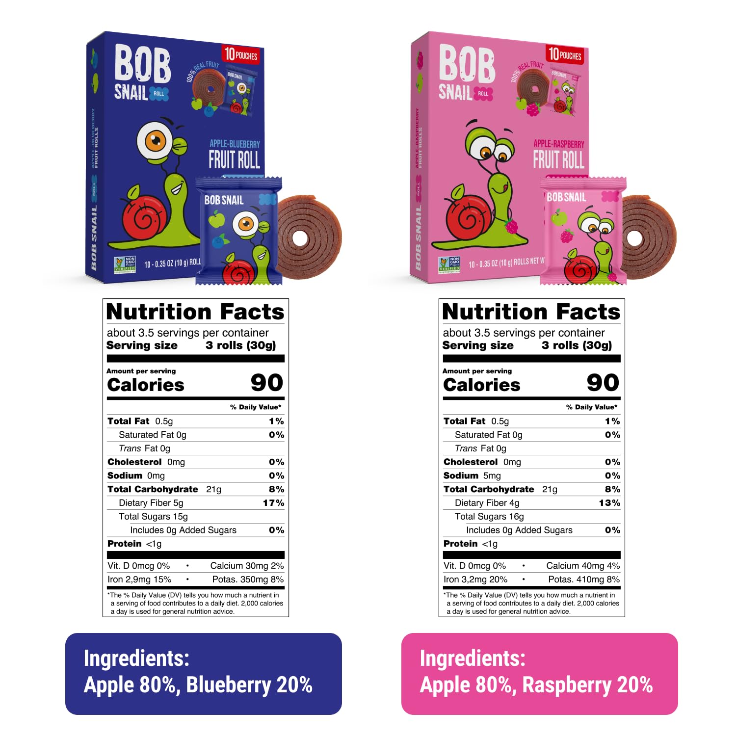Thumbnail 1 de Bob Snail Blueberry & Raspberry Fruit Rolls, 50 Count, 17.5 oz, No Added Sugar