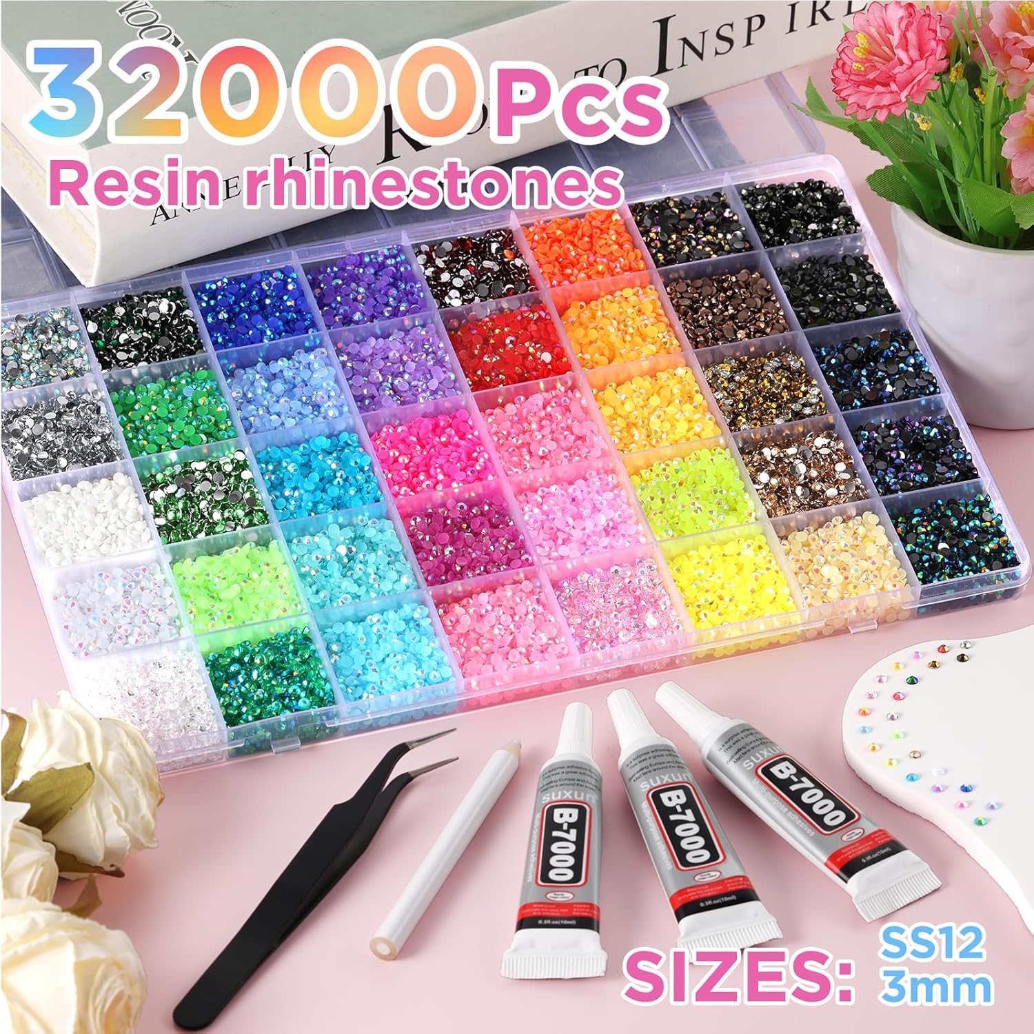 Thumbnail 1 de Zefy 40-Color Resin Jelly Rhinestones Craft Kit (3mm, 32,000 pcs) with B7000 Glue, Tweezers & Pickup Pen