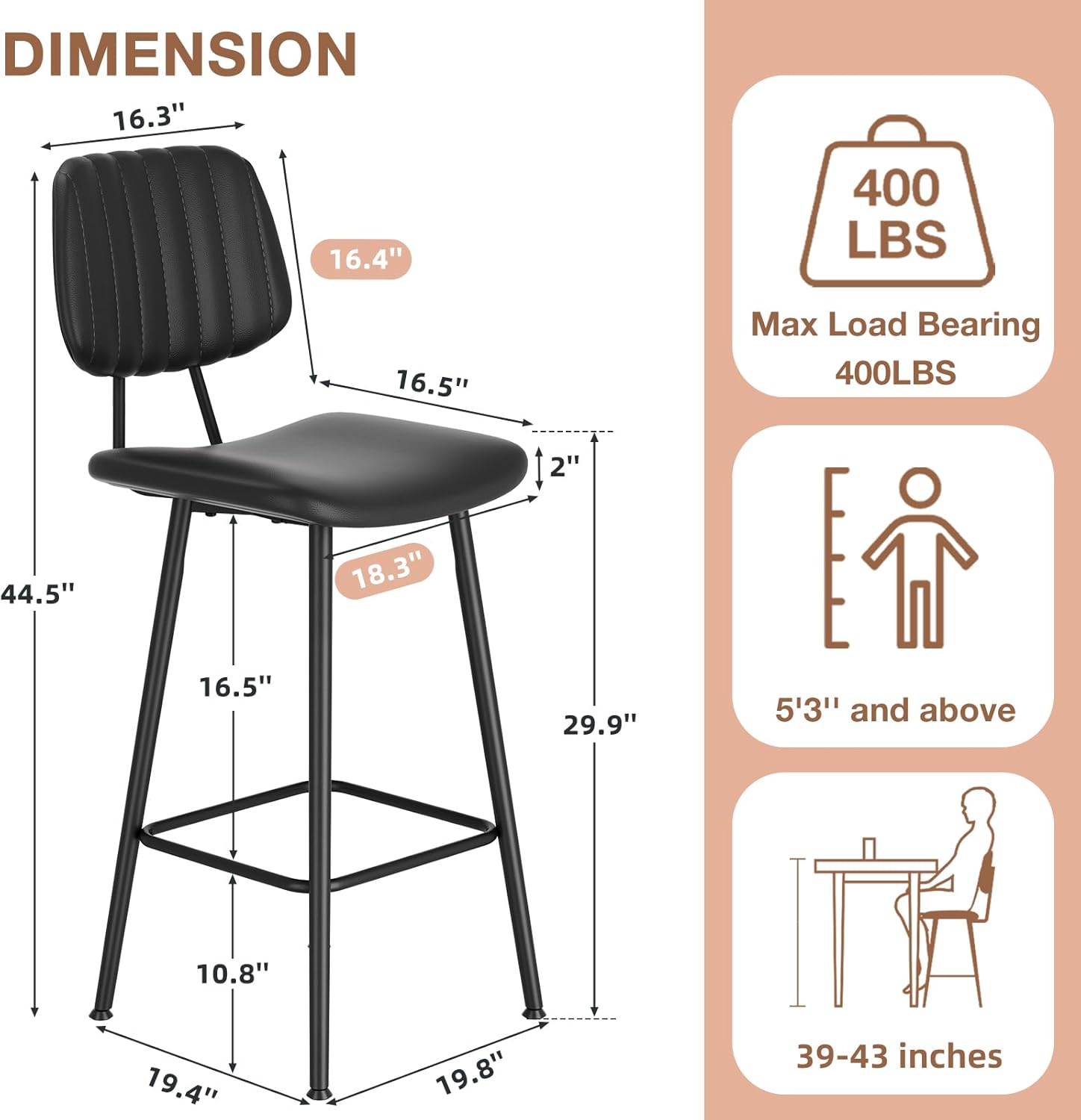 Detalle 2 de Raynesys 29-Inch Leather Bar Stools Set of 3 (Counter Height) with High Backrest