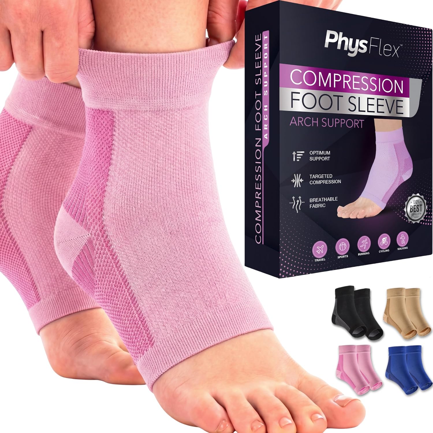 Detalle de PhysFlex Ankle Compression Socks, 20–30 mmHg, Pink, 1 Pair