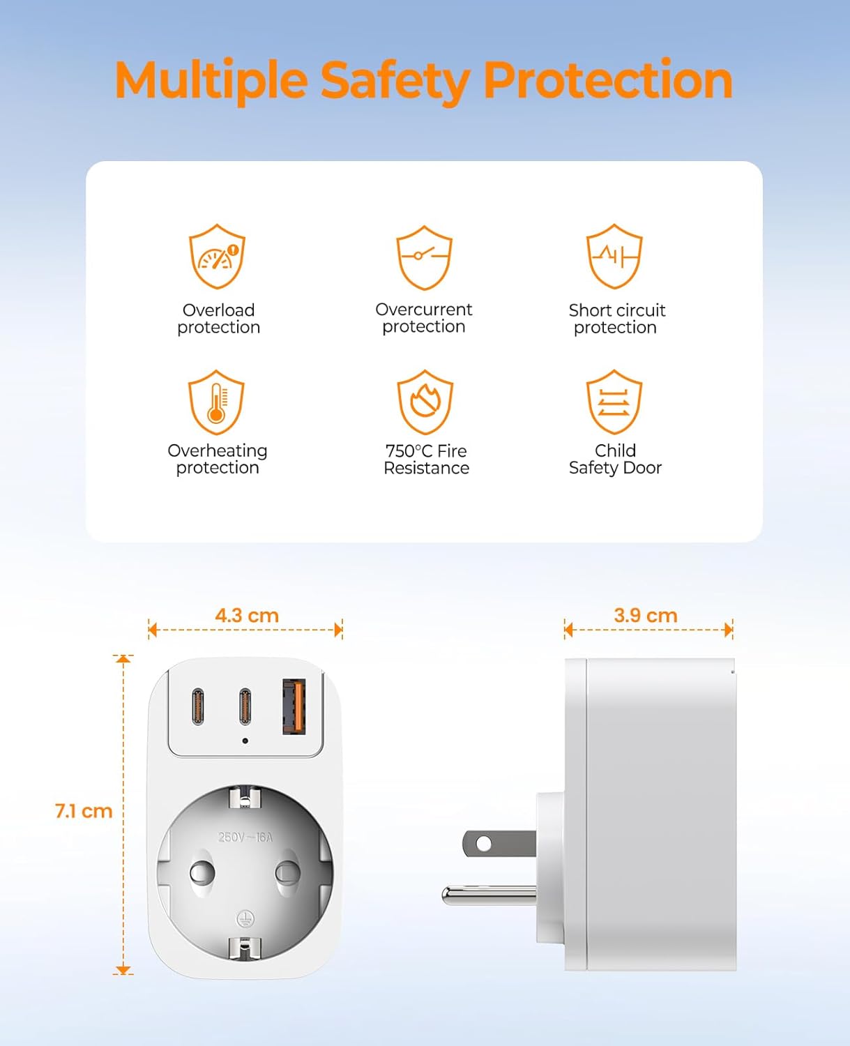 Thumbnail 4 de Adaptateur Prise USA 4 en 1 – USB-C et USB-A, voyage France vers USA/Canada avec protection et charge rapide