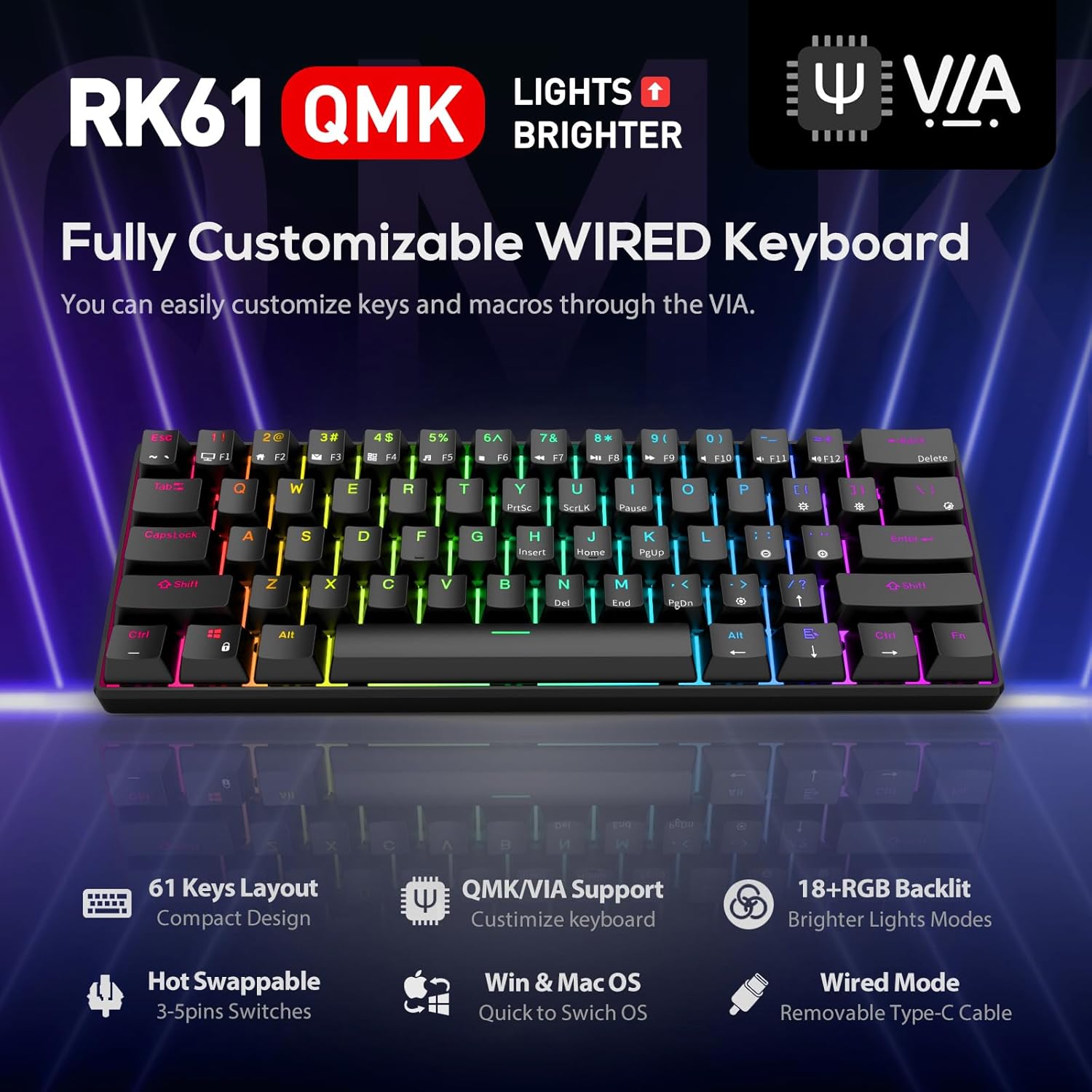 Thumbnail 1 de RK ROYAL KLUDGE RK61 Wired 60% Mechanical Keyboard with RGB Backlight