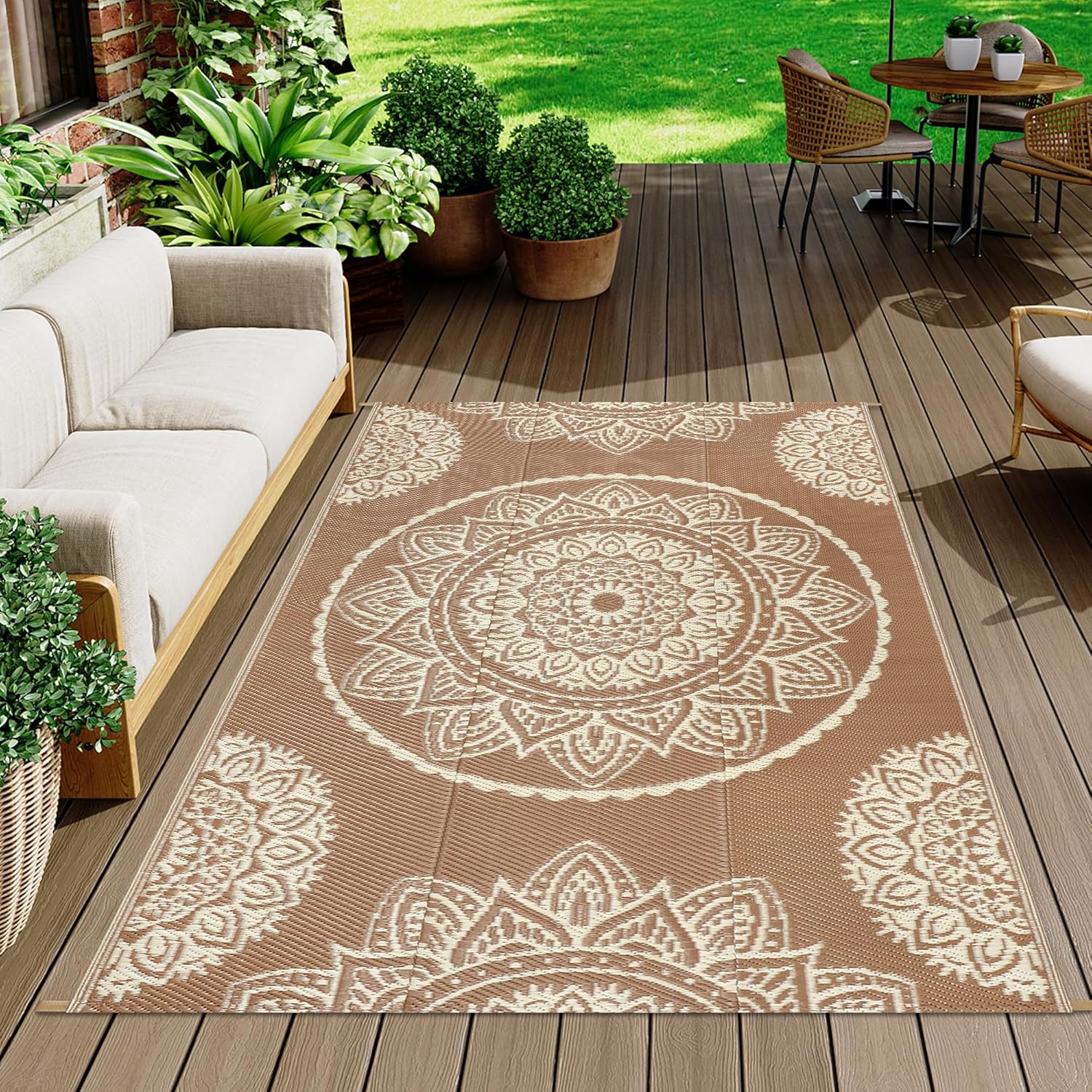 Thumbnail 6 de Famibay Outdoor Rugs Plastic Straw Waterproof Patio Rug (150 x 245 cm) – Reversible UV Resistant Indoor Outdoor Mat, Brown Beige