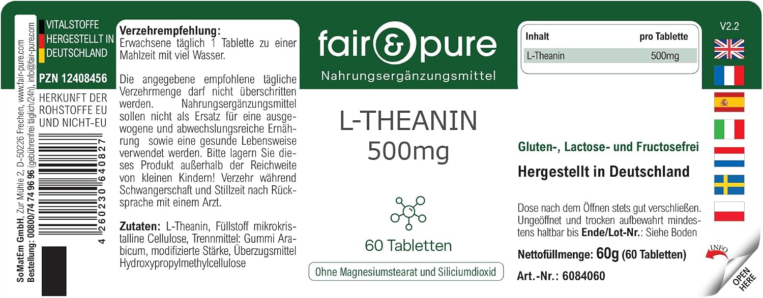 Thumbnail 6 de Fair & Pure L-Theanin hochdosiert 500 mg, 60 Tabletten – veganes Nahrungsergänzungsmittel ohne Zusatzstoffe, hergestellt in Deutschland