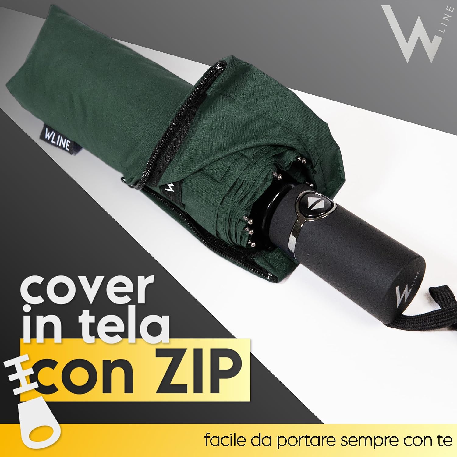 Detalle de WLine Wind Ombrello Pieghevole Antivento 210T con 10 Aste Rinforzate, Diametro 104 cm, Verde – Automatico