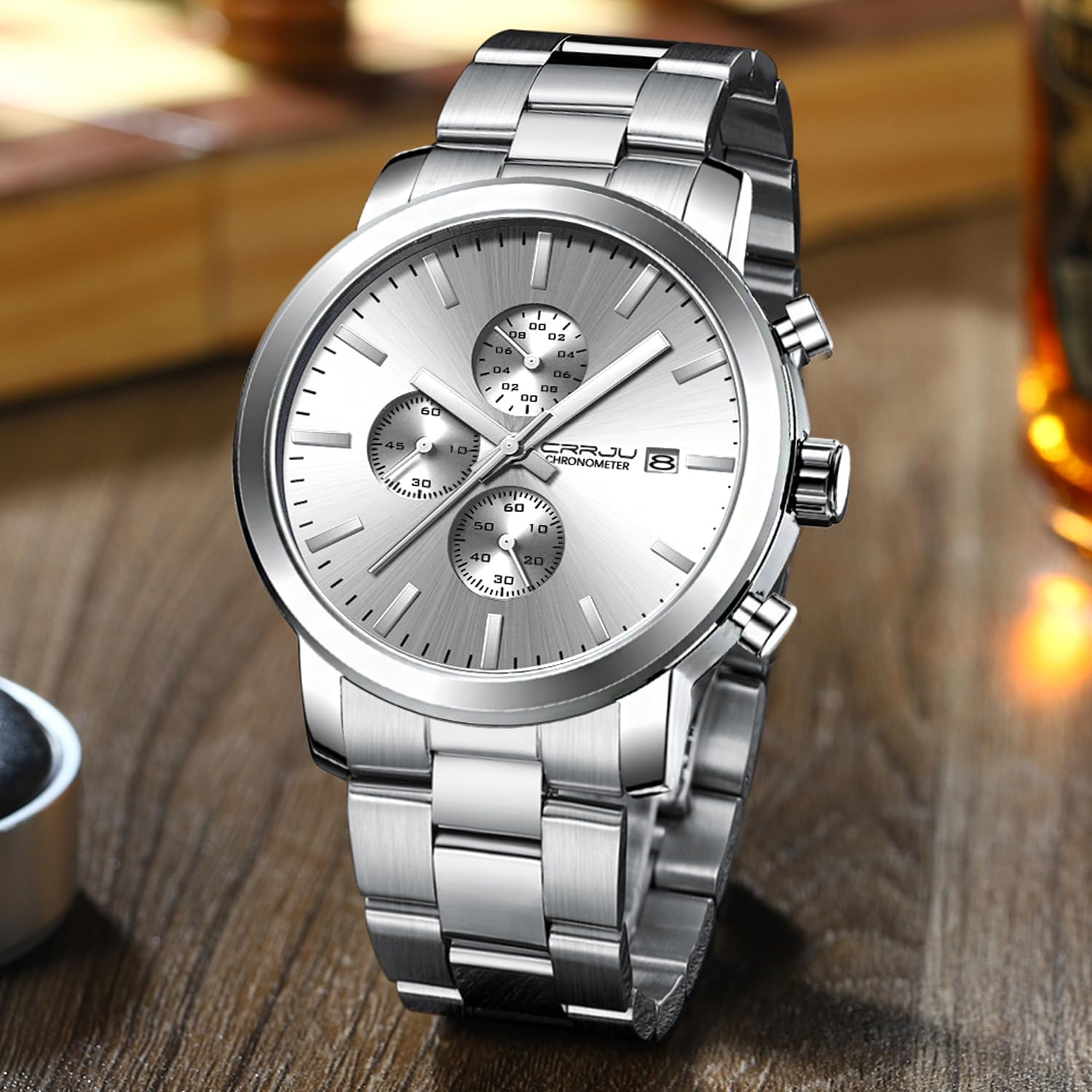 Detalle de CRRJU Herren Chronograph Uhr aus Edelstahl – Datum, Stoppuhr, 30 m Wasserfest