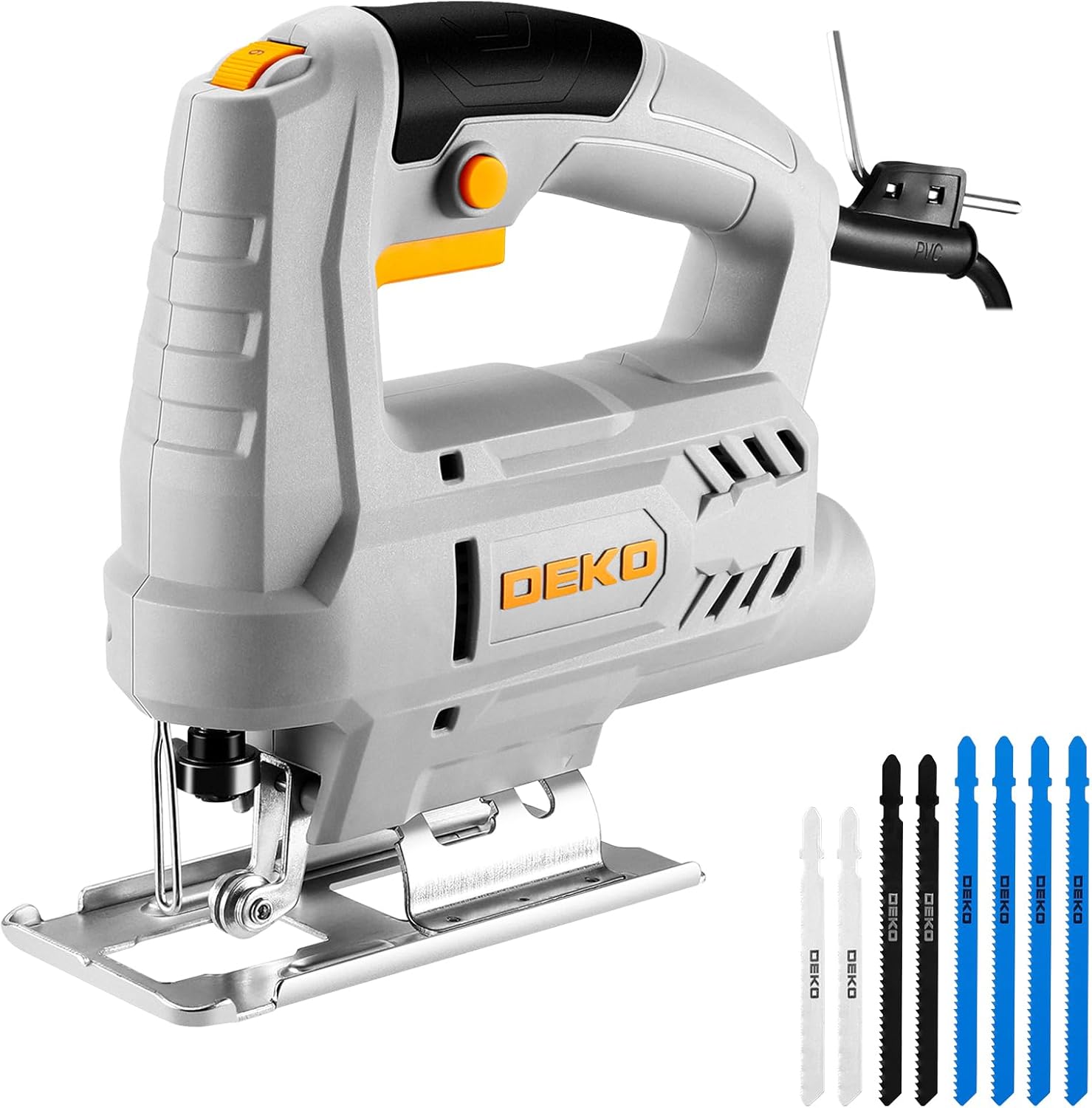 DEKOPRO 400W Electric Jigsaw Tool (Variable Speed 0–3000 SPM) with ±45° Bevel Cutting & 8 Blades