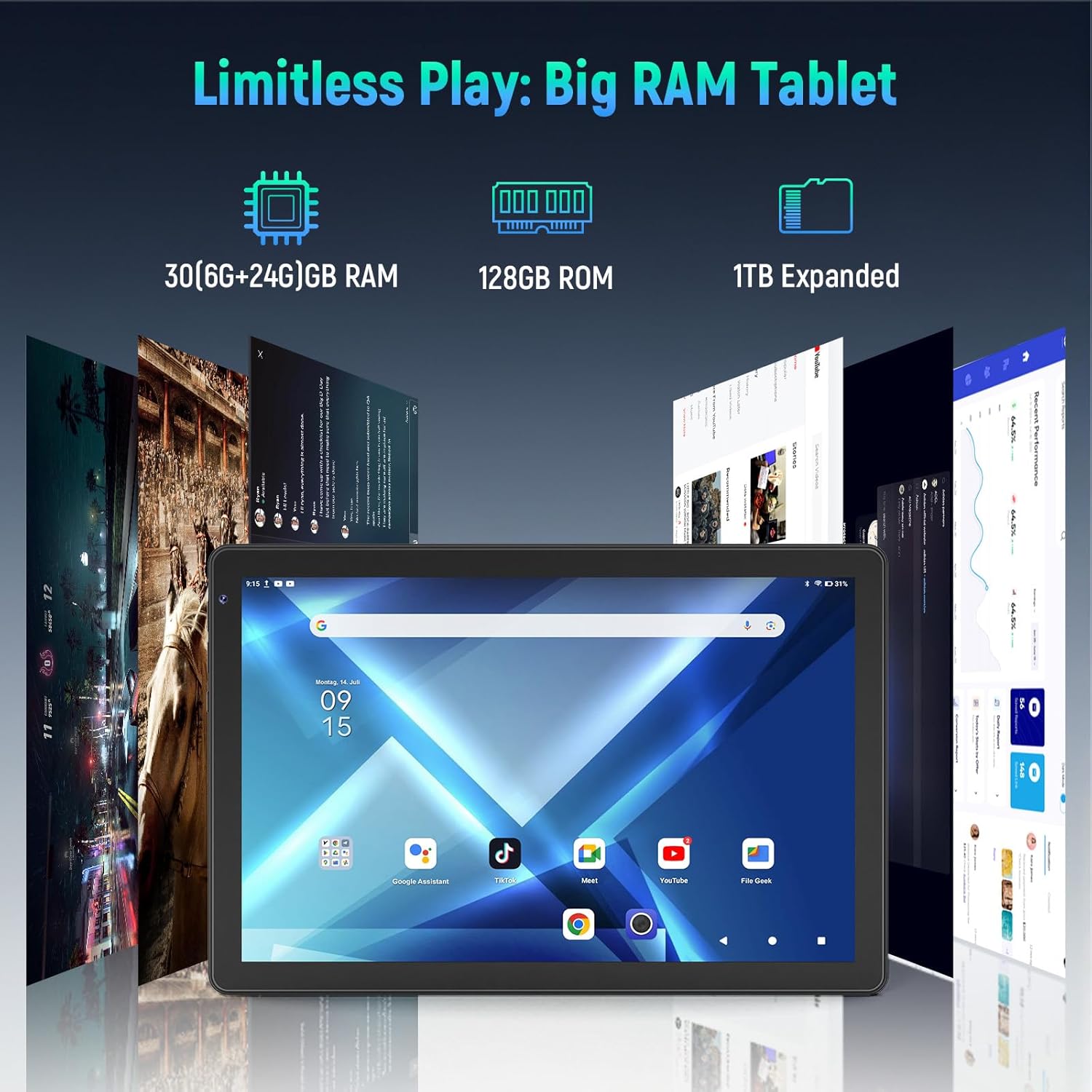 Thumbnail 3 de Whitedeer 10 inch Android 15 Tablet – 30GB RAM, 128GB ROM, expandable to 1TB