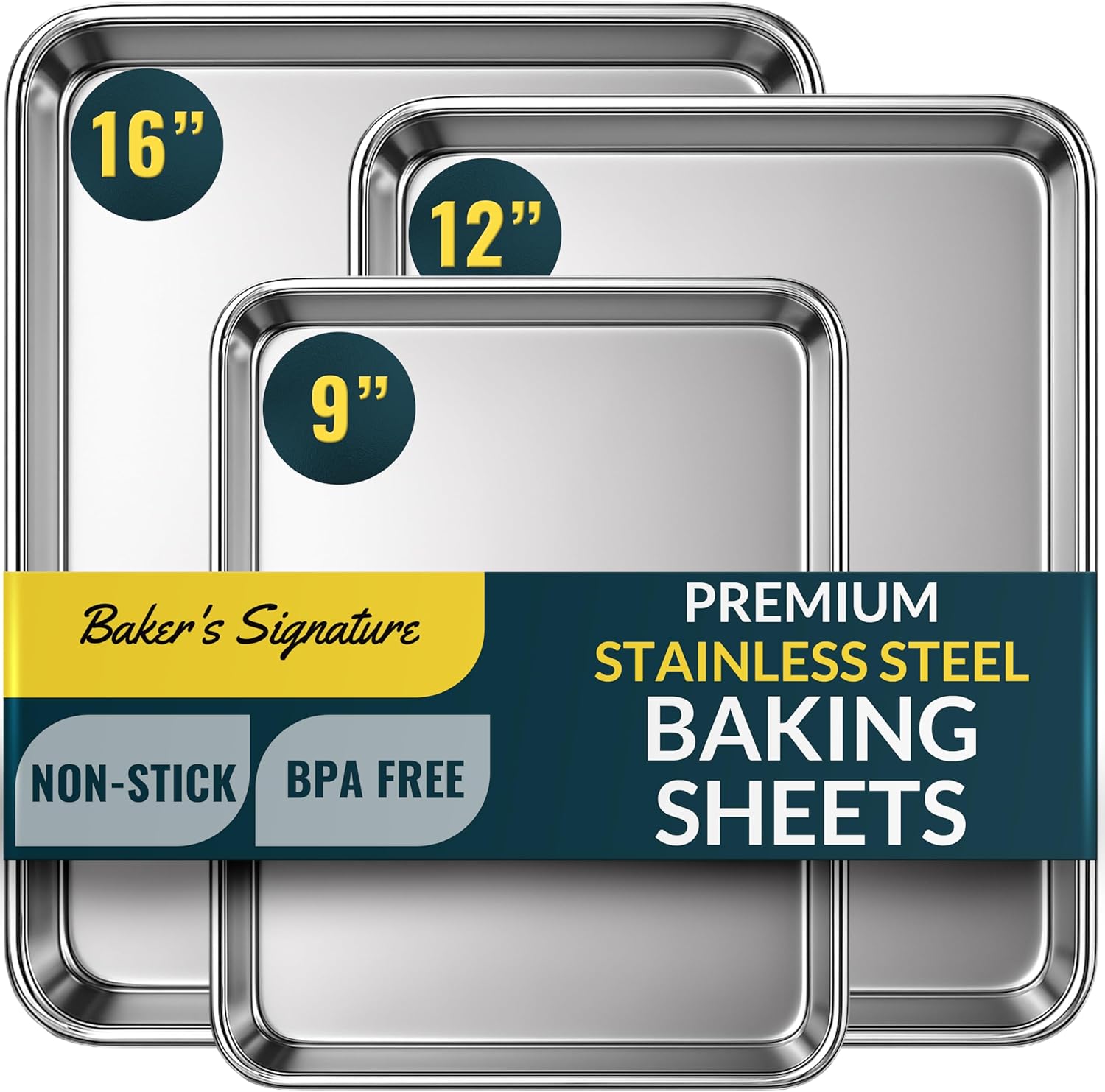 Baker’s Signature Stainless Steel Cookie Sheet Pan Set (3-Piece) — Mirror Finish, Non-Stick, BPA Free