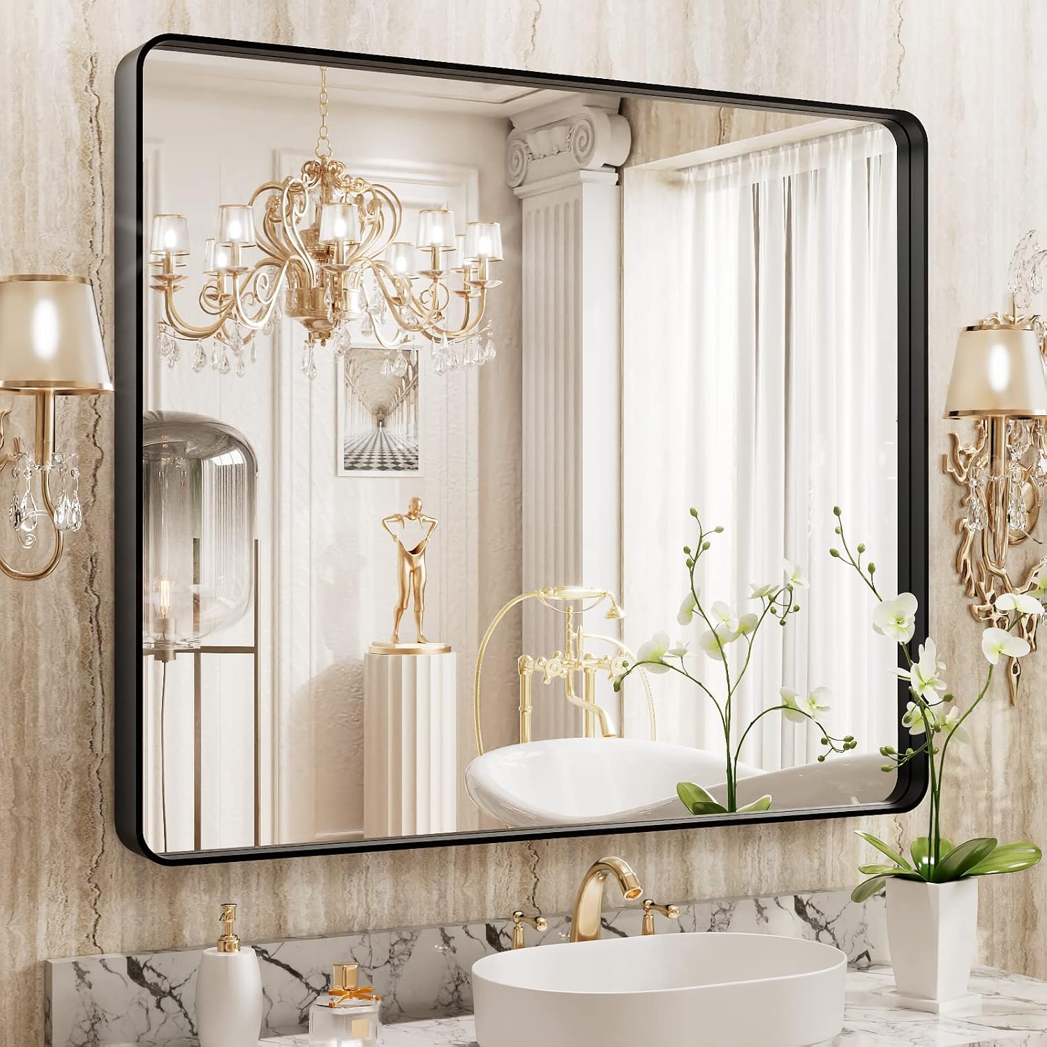 Detalle de WEER 36x30 Inch Black Metal Framed Bathroom Mirror