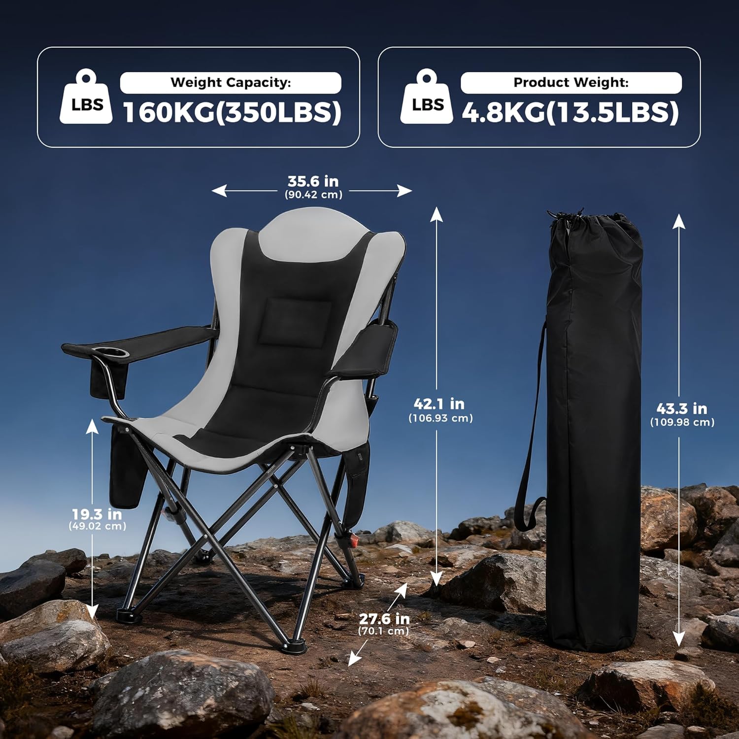 Detalle de OUTSIDER 3-Position Camping Chair for Adults – 350 lb Capacity with Pockets and Cup Holder