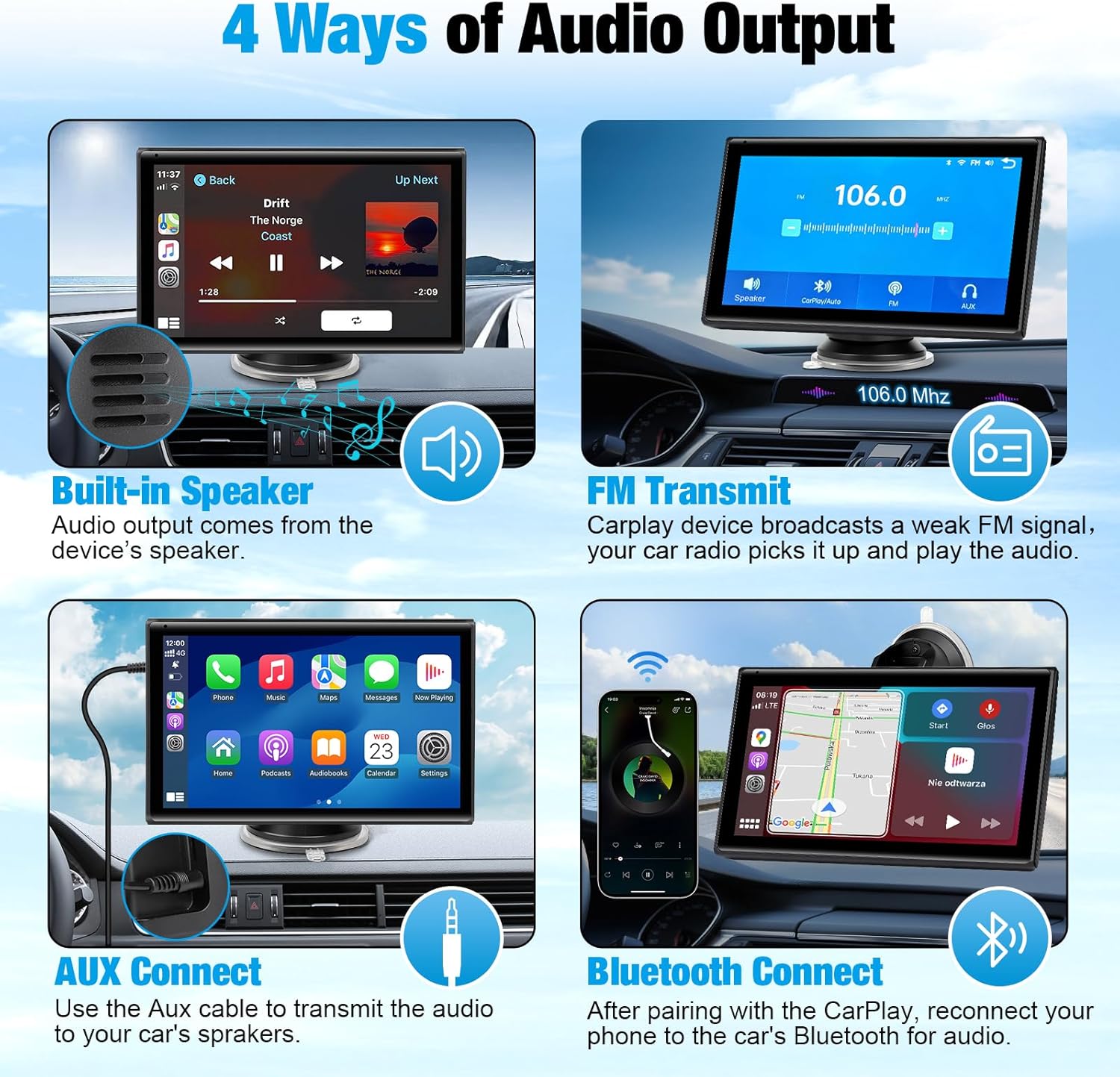 Thumbnail 4 de 7-Inch Wireless CarPlay & Android Auto Screen (Black) — Bluetooth, Voice Control, Mirror Link