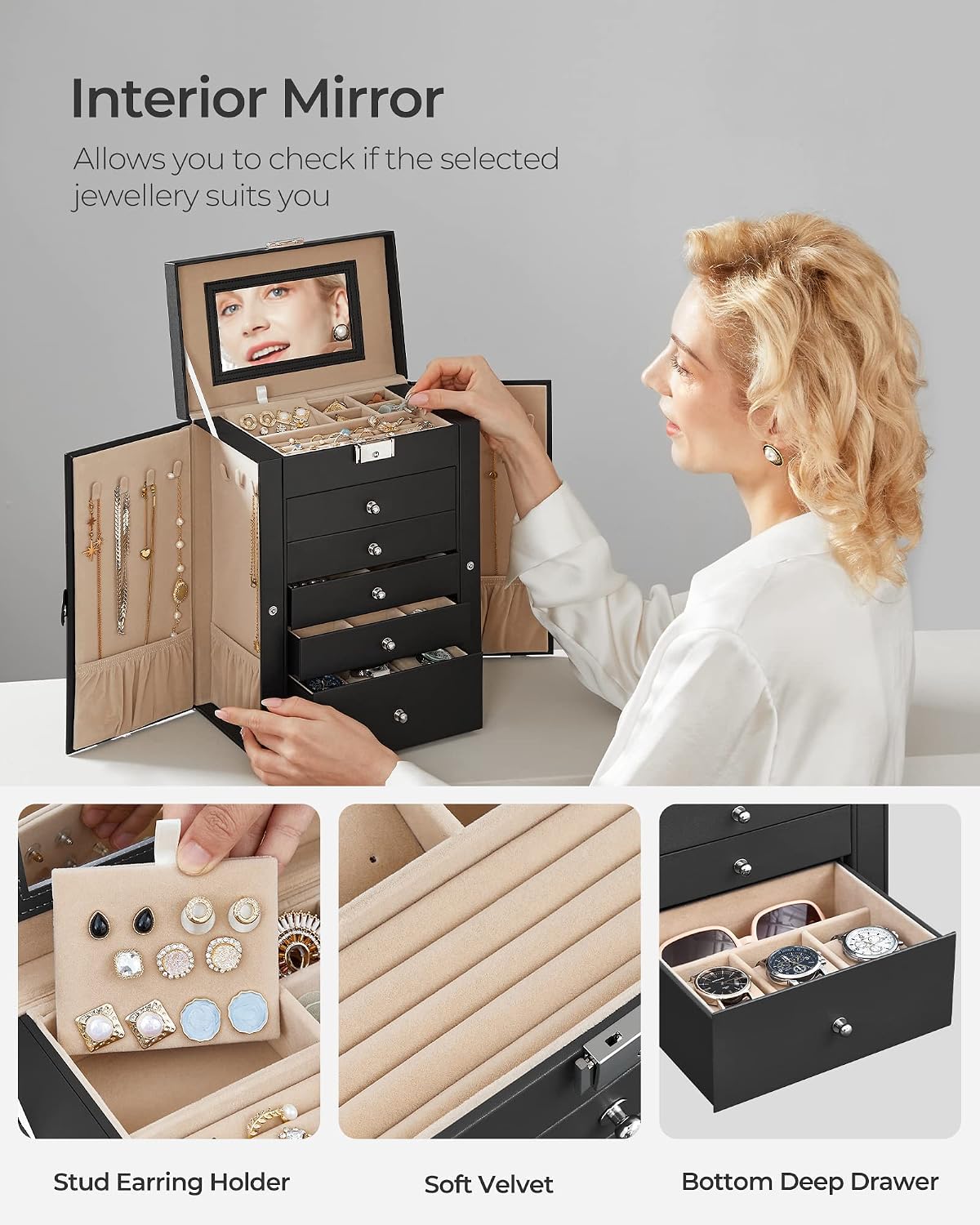 Detalle de SONGMICS BRIDIE Collection JBC152B01 6-Tier Jewellery Box with Mirror and Lock