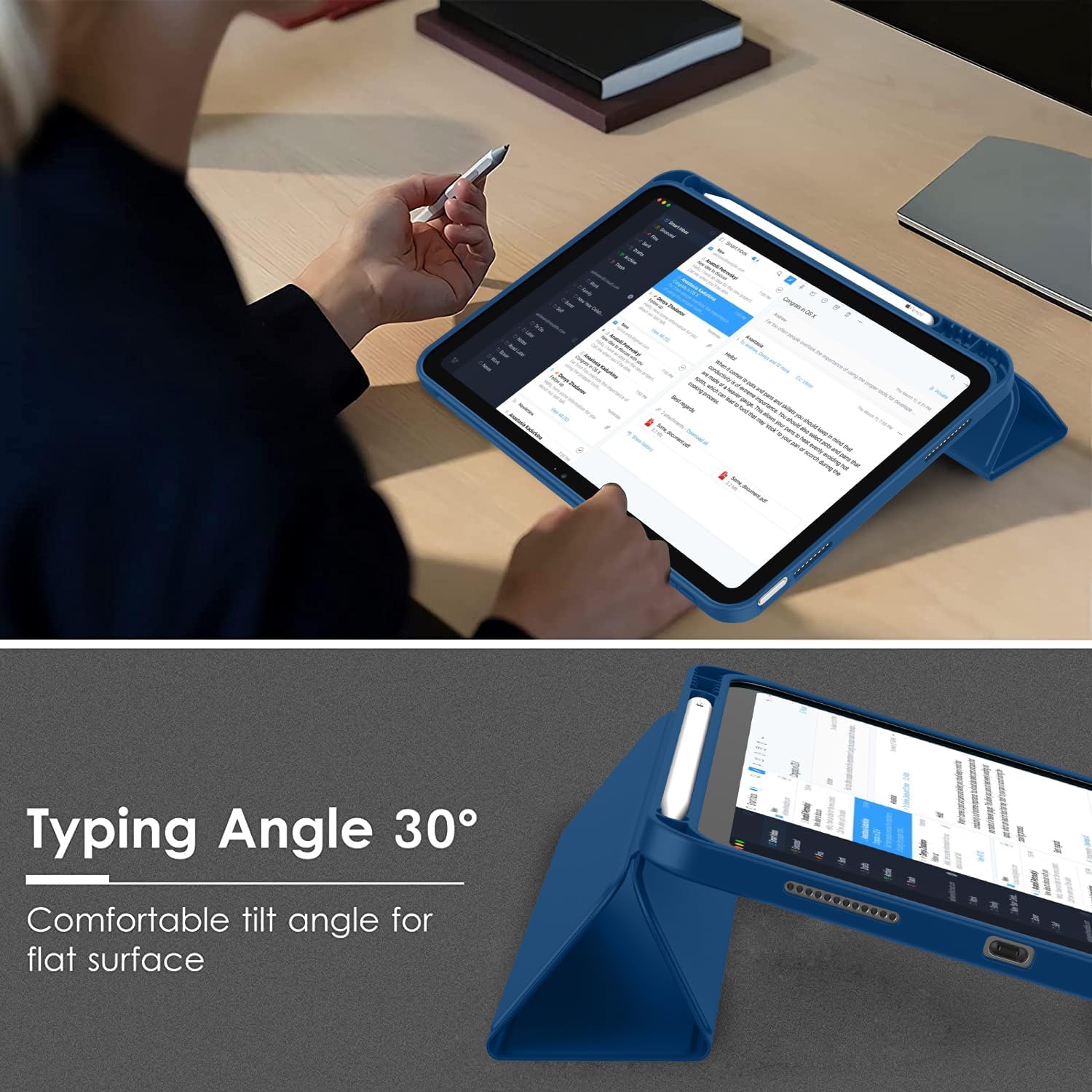 Detalle de ToaPoia iPad 10th TPU Case Left_Navy Blue, Trifold Stand for 2025 A16