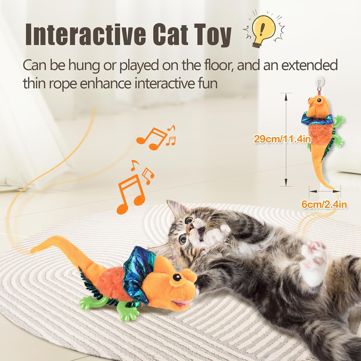 Detalle 2 de Migipaws touch-activated flapping & chirping lizard kitten toy (USB rechargeable, catnip)