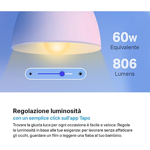 Detalle de Tapo L510E: Lampadina Wi‑Fi E27 9W dimmerabile 2700K (2 pezzi) con controllo vocale