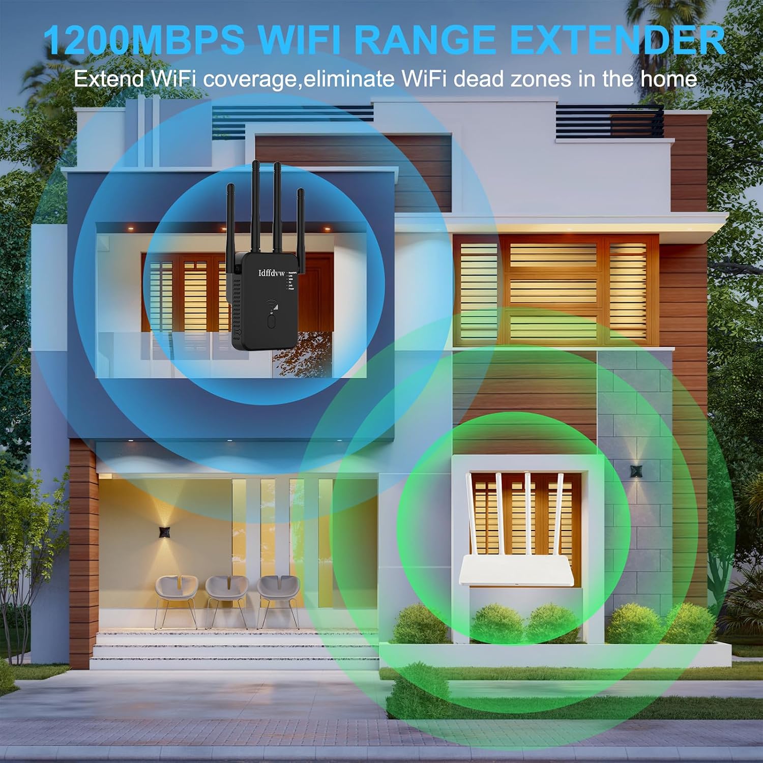 Detalle de WLAN-Verstärker 1200 Mbit/s Dualband Repeater mit LAN-Anschluss und 4 externen Antennen