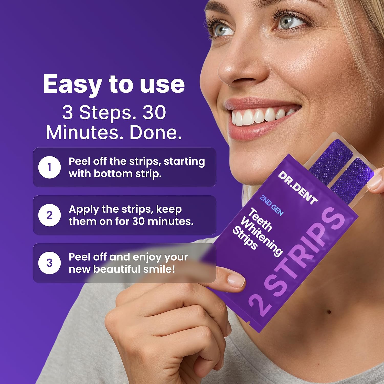 Thumbnail 4 de DR.DENT Purple Teeth Whitening Strips – 14 Strips, 7 Treatments, Enamel Safe with PAP Technology