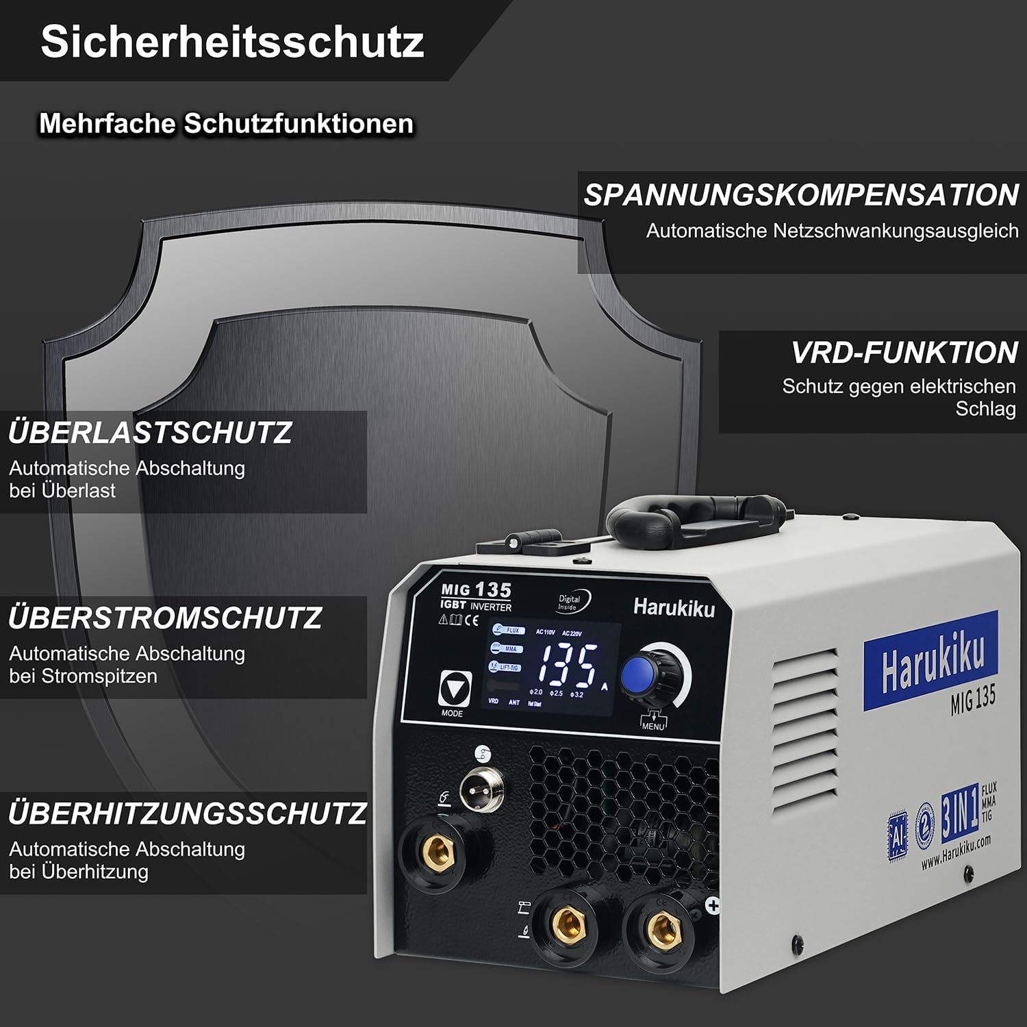 Thumbnail 5 de Harukiku135A Fülldraht-Schweißgerät 3-in-1 (Flux MIG/ARC, MMA, Lift-WIG) mit synergischem Drahtvorschub