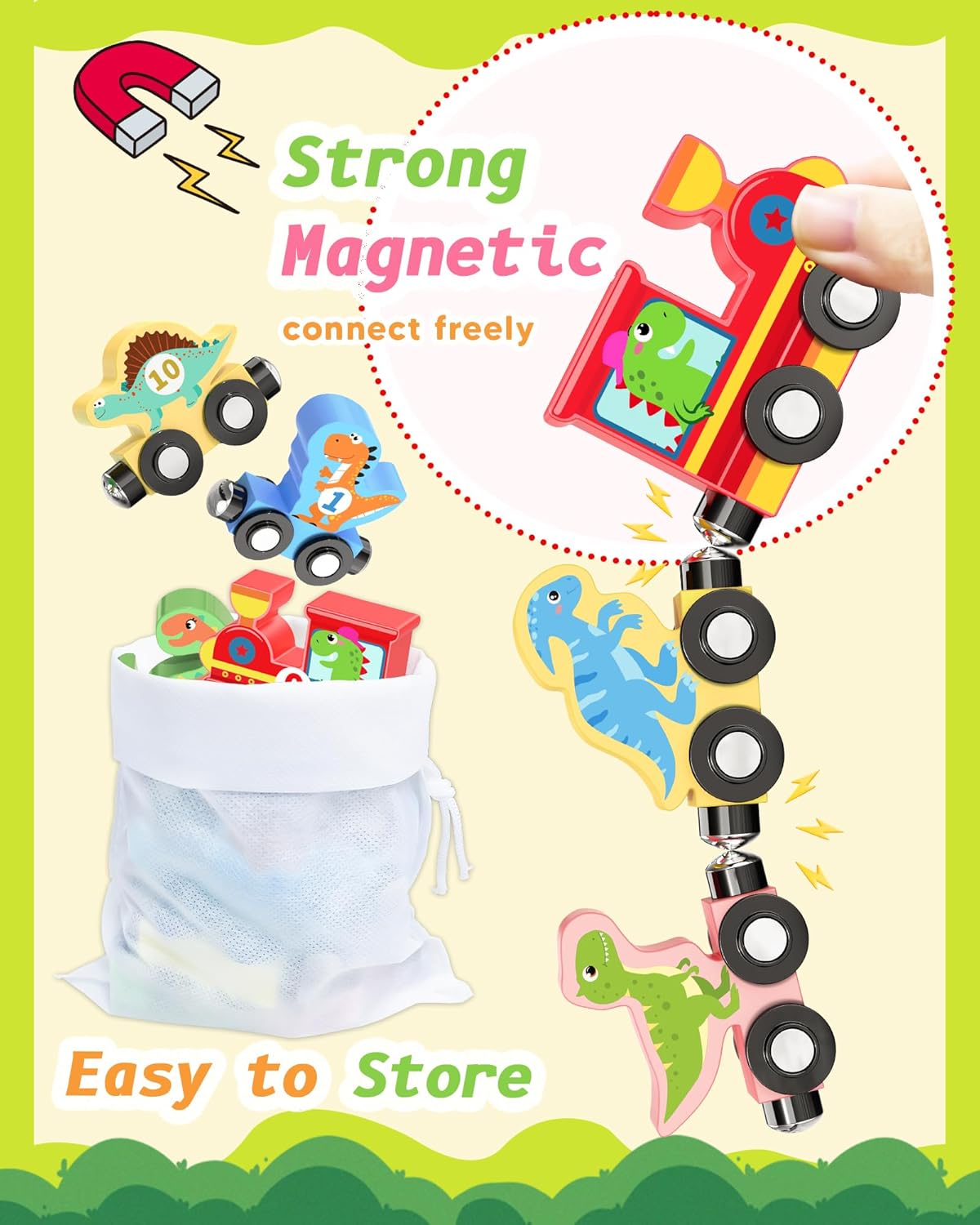 Detalle 2 de 11-Piece Magnetic Dinosaur Train Set (Montessori Wooden Learning Toys) for Ages 1–3