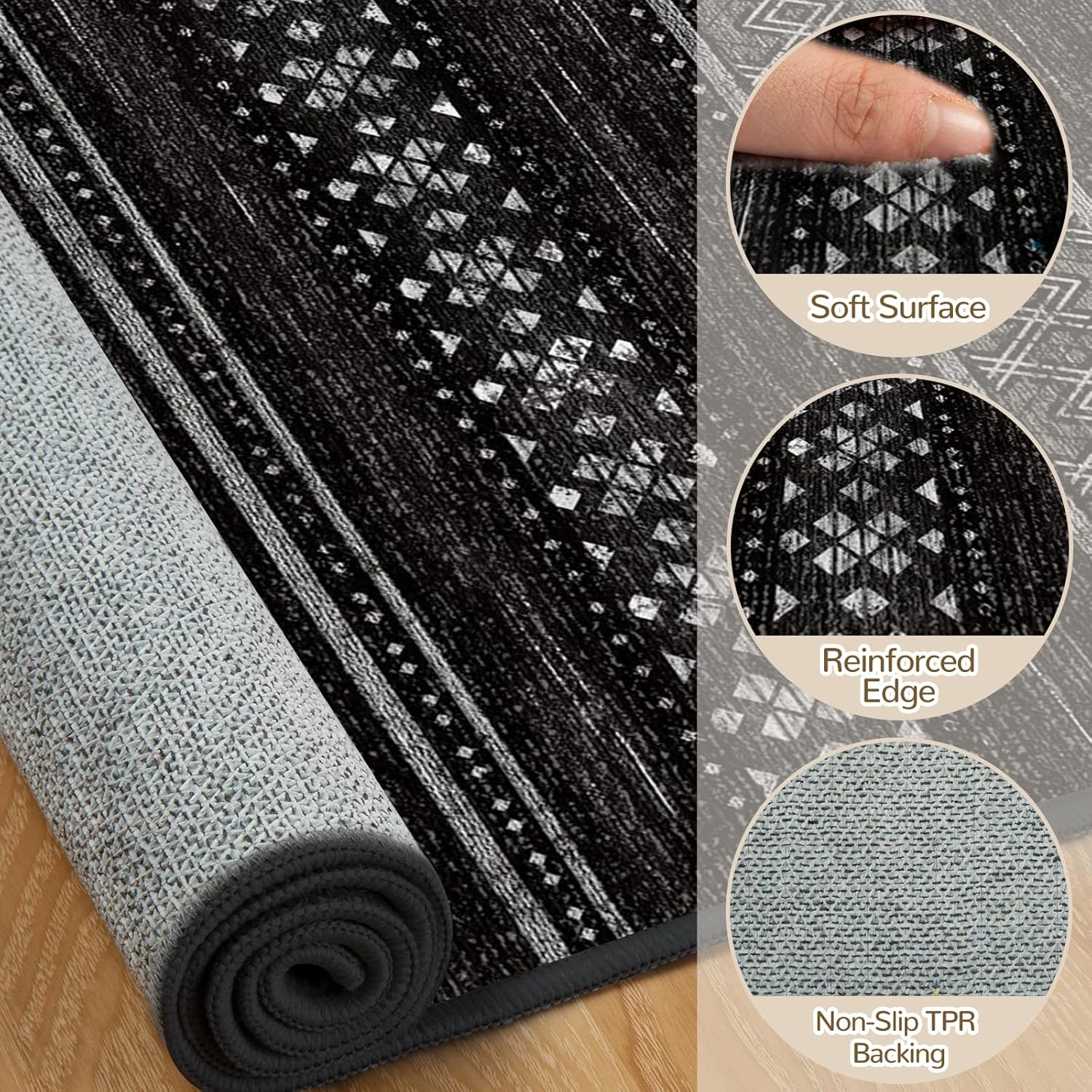 Detalle de BESTSWEETIE 8x10 Geometry Series Area Rug – Black/White Non-Slip, Washable for Living Room
