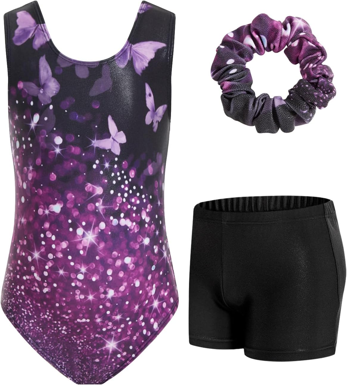 Detalle de JiAmy Girls’ Sparkly Sleeveless Gymnastics Leotard and Shorts Set, Ages 3–12