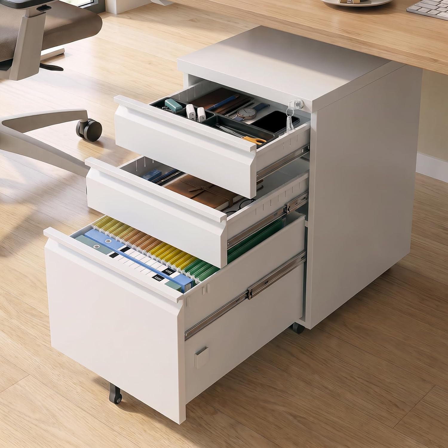 Detalle de TEEALUBAN yr032 3-Drawer White Rolling File Cabinet with Lock
