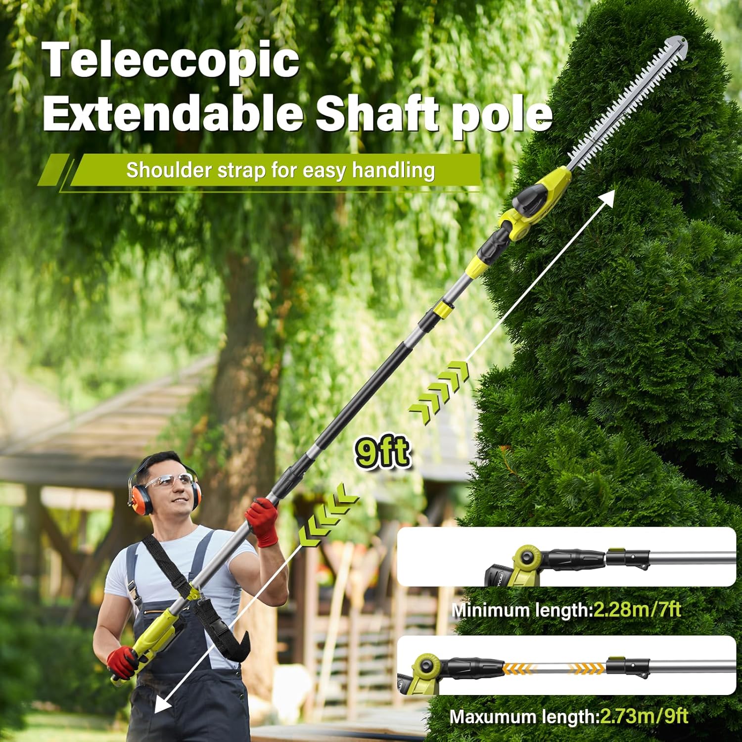 Thumbnail 1 de Pole Hedge Trimmer Long Reach with 2×2.0Ah Batteries – 50cm Blades, Telescopic to 9ft, with Shoulder Strap