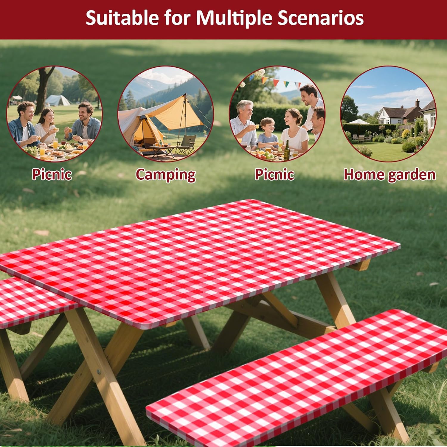 Thumbnail 6 de KENOBEE 72in Picnic Table and Bench Cover Set, Red-White Checkered