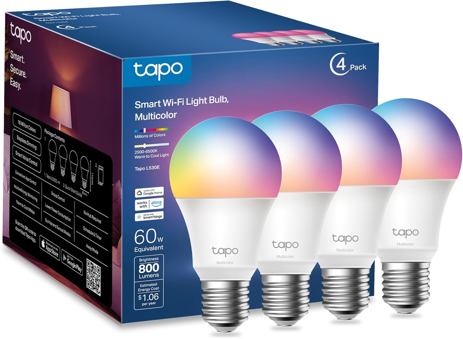 TP-Link Tapo L530E Smart A19 800LM 4-pack