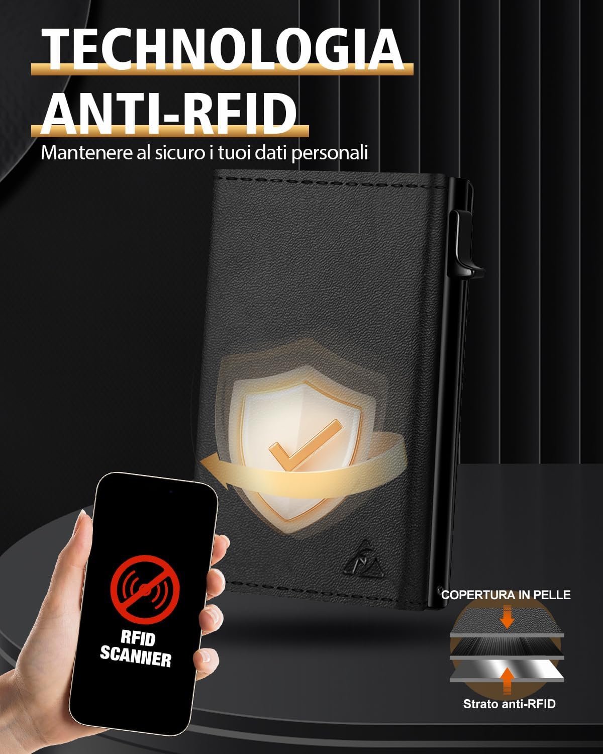 Detalle de Porta Carte di Credito Uomo Slim: Portafoglio con Blocco RFID, Chiusura Magnetica e Finestrella ID