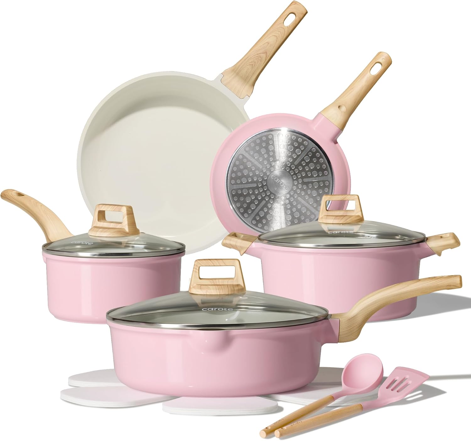 Detalle de CAROTE Ceramic Cookware Set, 14 PCS Pink Nonstick Pots and Pans — Induction Ready & PFOS/PFOA Free