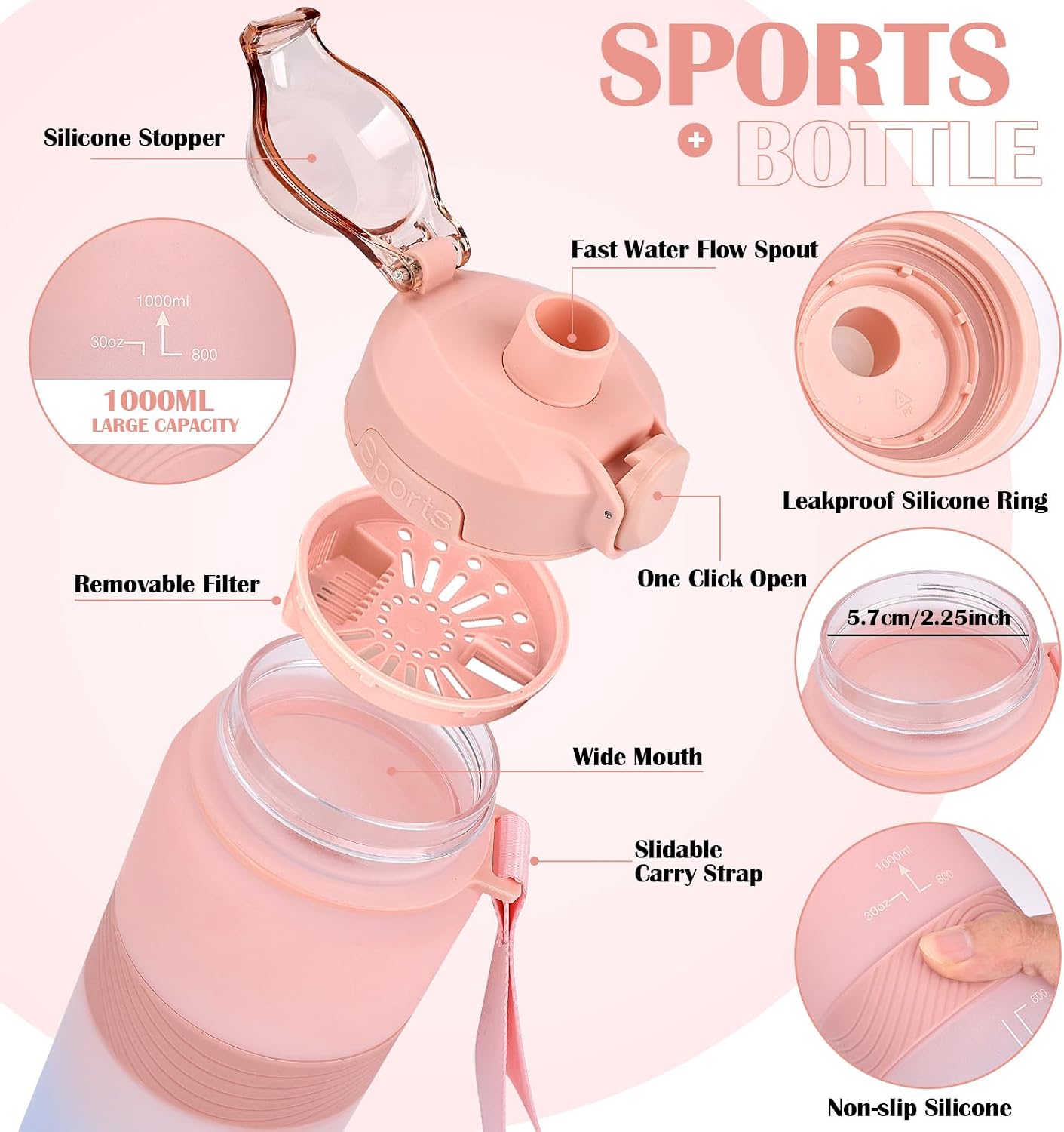 Detalle de CodiCile 1L BPA‑free water bottle — leak‑proof for gym