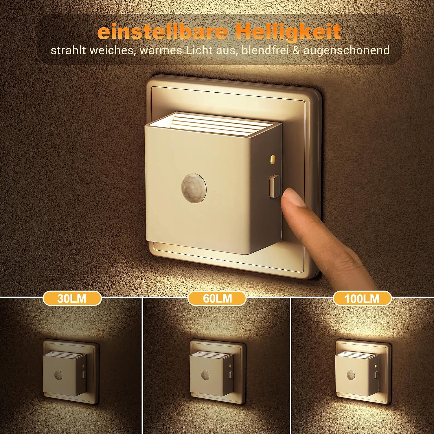 Thumbnail 1 de Emeritpro Nachtlicht-Steckdose mit Bewegungsmelder & Dämmerungssensor, 3 Helligkeitsstufen, 2er-Set (Warmweiß)
