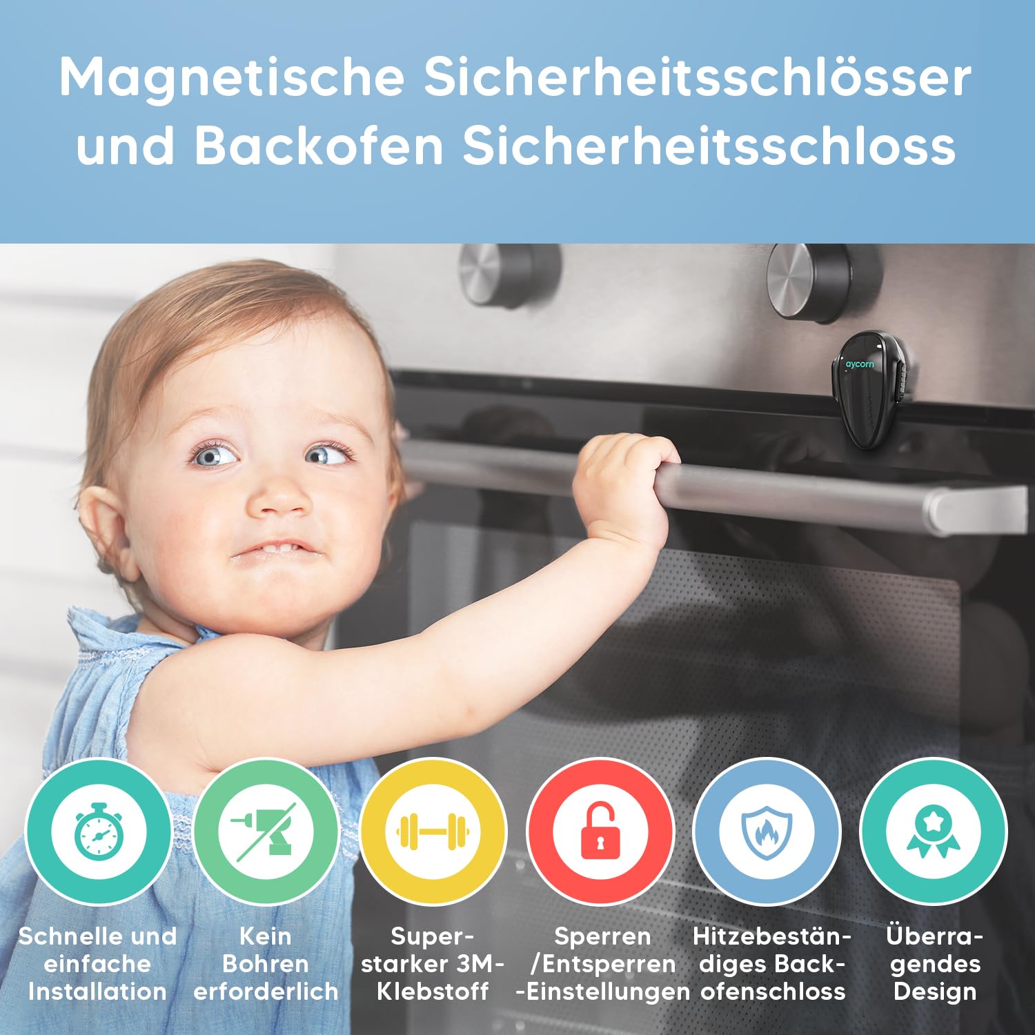 Thumbnail 2 de Aycorn magnetisches Schrankschloss & Backofen-Kindersicherung für Schubladen und Schränke (ohne Bohren)