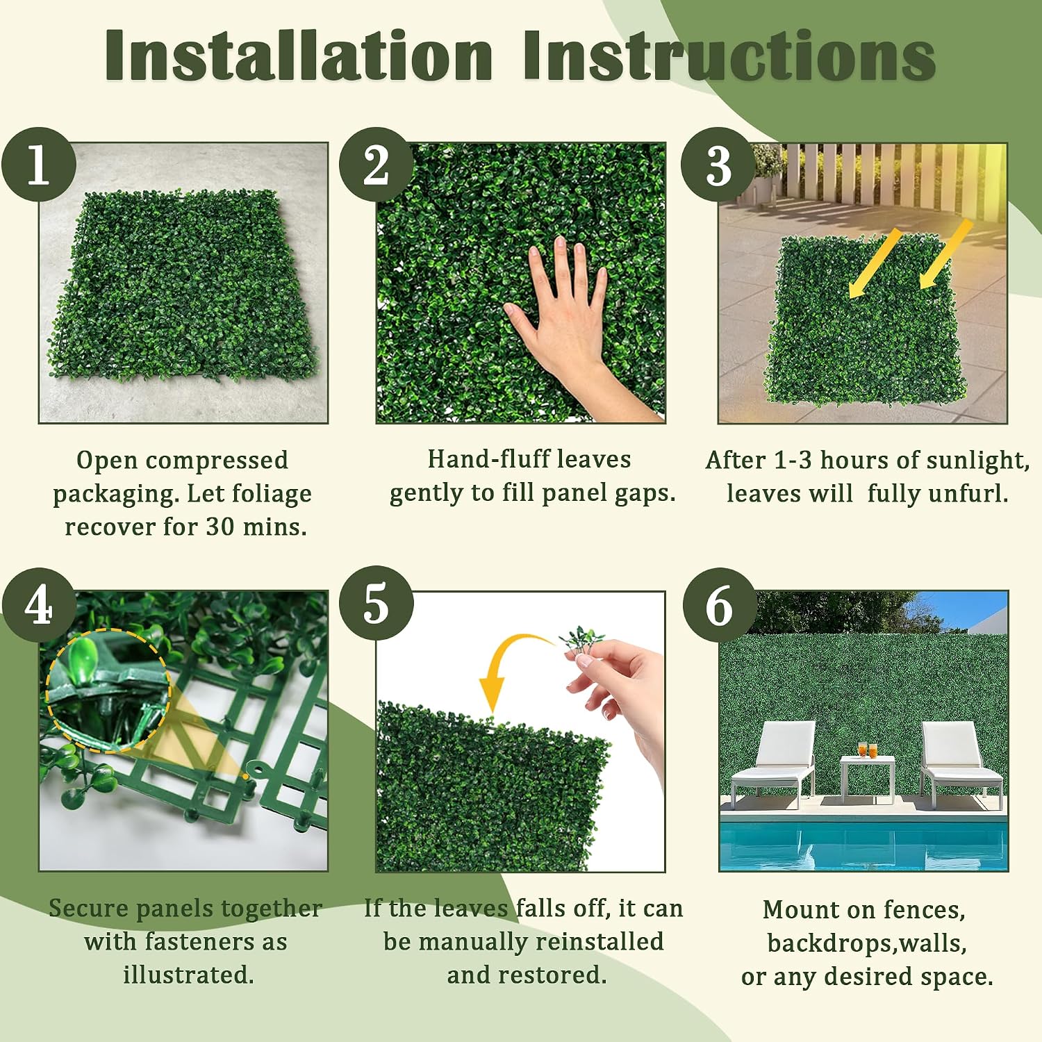 Detalle 2 de Sunnyglade Artificial Boxwood Panels, 20" x 20", 12-Piece Green Hedge