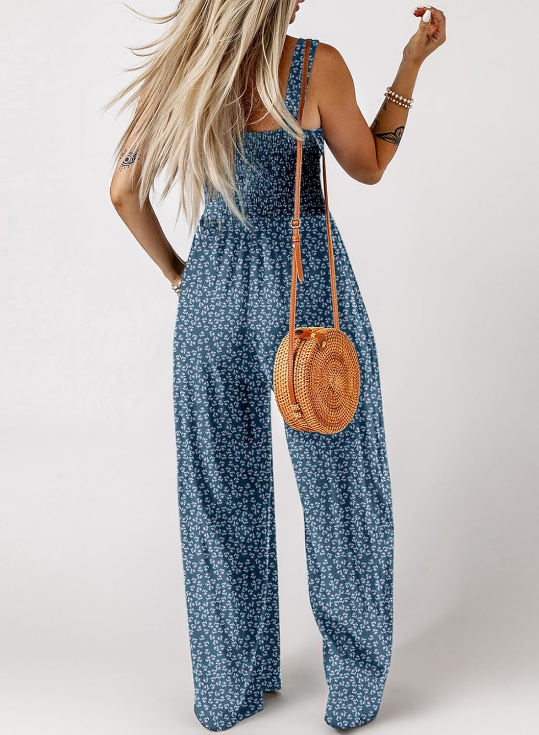 Detalle de Dokotoo Damen Jumpsuit Sommer Blumenmuster – Latzhose mit Taschen, Weite Beine, Größen S–2XL