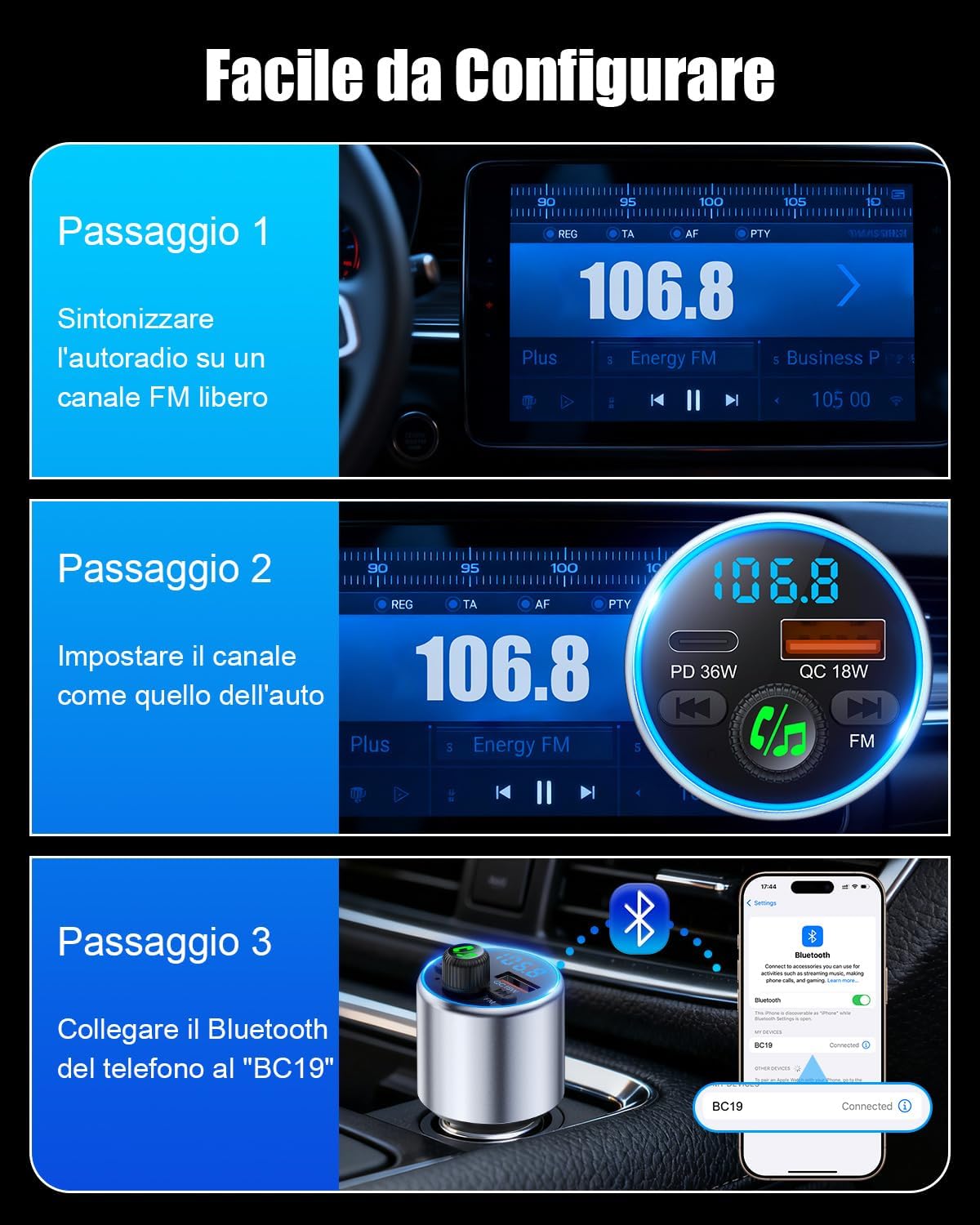 Thumbnail 6 de EOIWUY Aggiornato Trasmettitore FM Bluetooth 5.3 per Auto con ricarica rapida PD36W + QC3.0, suono Hi-Fi e indicatore di tensione