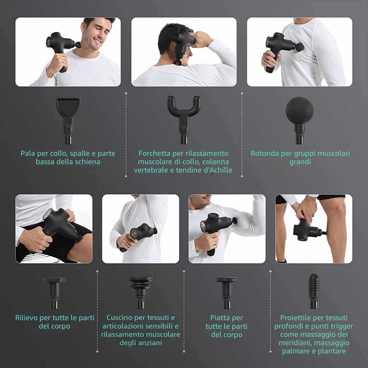 Detalle 2 de Mebak 3 Pistola Massaggio Muscolare Professionale (3200 RPM) con 7 testine