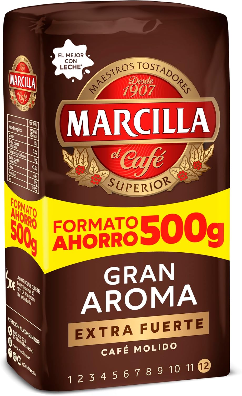 Detalle de Marcilla Café Molido Extra Fuerte 500 g, Intensidad 12. Ideal para cafetera italiana, filtro o pistón