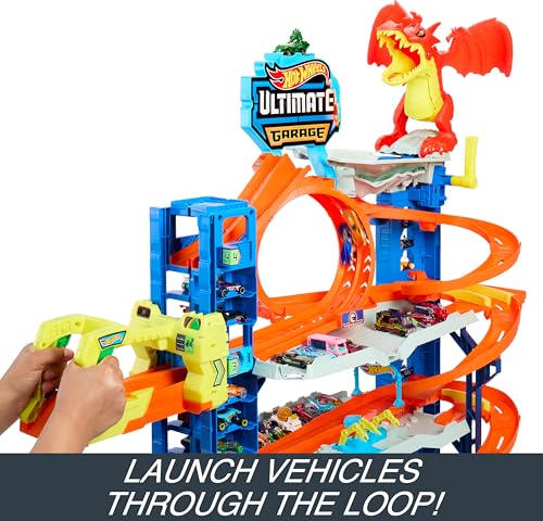 Detalle de Hot Wheels City Coffret Garage Ultime et 2 Voitures Die-Cast – Multi-niveaux avec dragon
