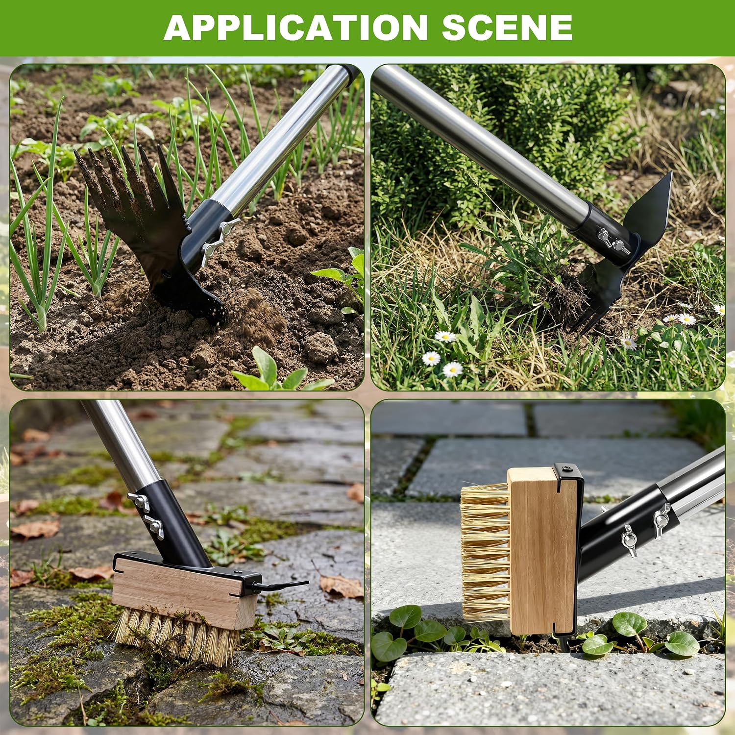 Thumbnail 1 de 2 in 1 Weed Remover Brush and Garden Hoe with Long Handle – Stainless Steel Moss & Weed Control Tool