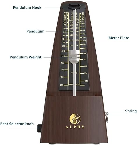 Detalle 2 de AUPHY M350 Classico Metronomo Meccanico con Campana – Versione in Legno con Grammofono e Rimetti Tempo per Pianoforte, Chitarra, Sassofono, Batteria, Clarinetto