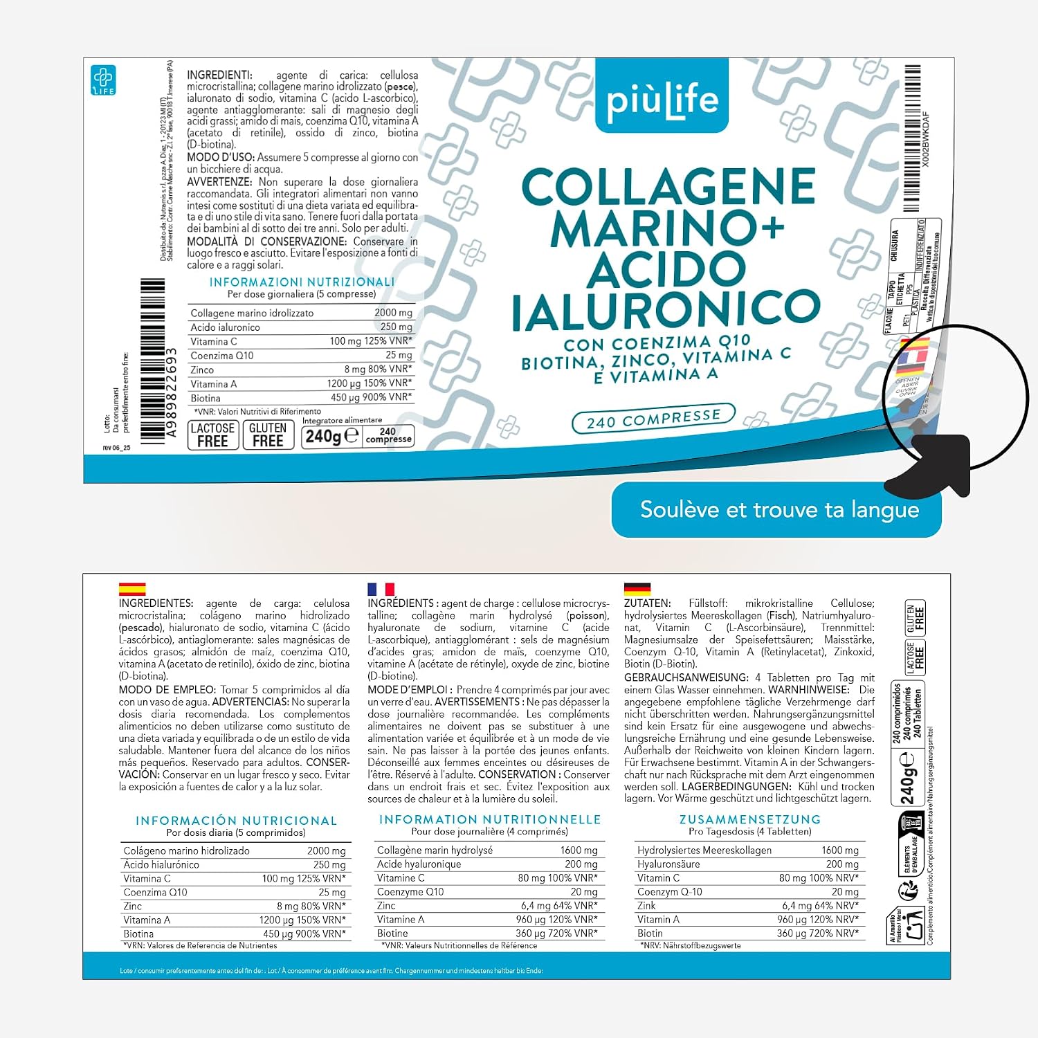 Detalle 2 de Collagène Marin + Acide Hyaluronique PiùLife (2000 mg) – gélules pour peau, cheveux et articulations